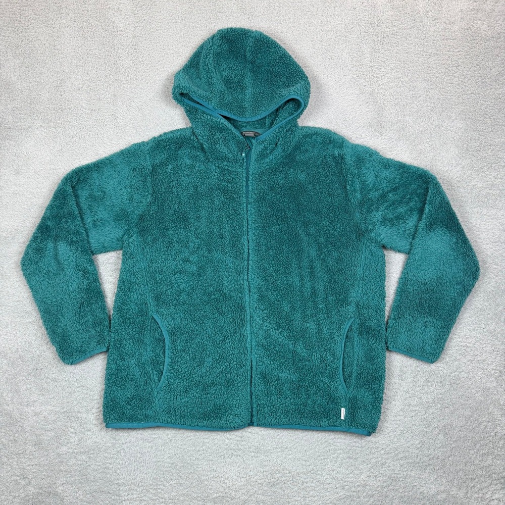 Eddie Bauer Womens XL Teal‎ Green Full Zip Sherpa Fleece Hoodie Jacket Pockets